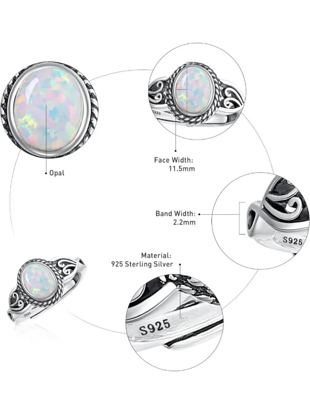 Adjustable 925 Sterling Silver Vintage Rings for Women - Teal Turquoise & Opal